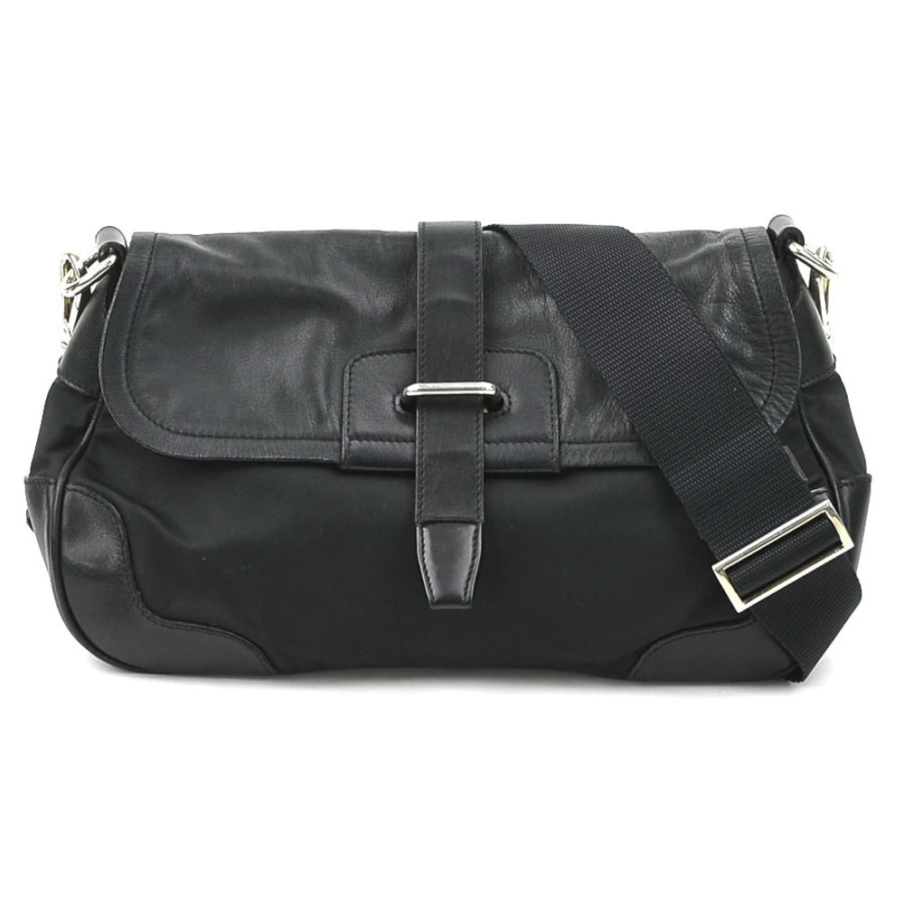 Prada Crossbody Shoulder Bag Leather Black Silver